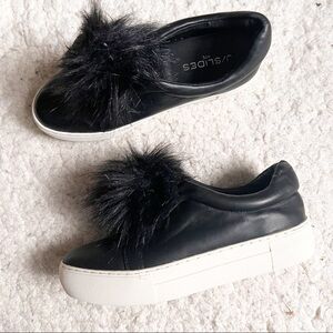 J/Slides Black Leather Faux Fur Pom Platform Slip On Sneakers Size 6.5
